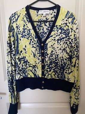 St. John Lime & Navy Abstract Print V-Neck Cardigan
